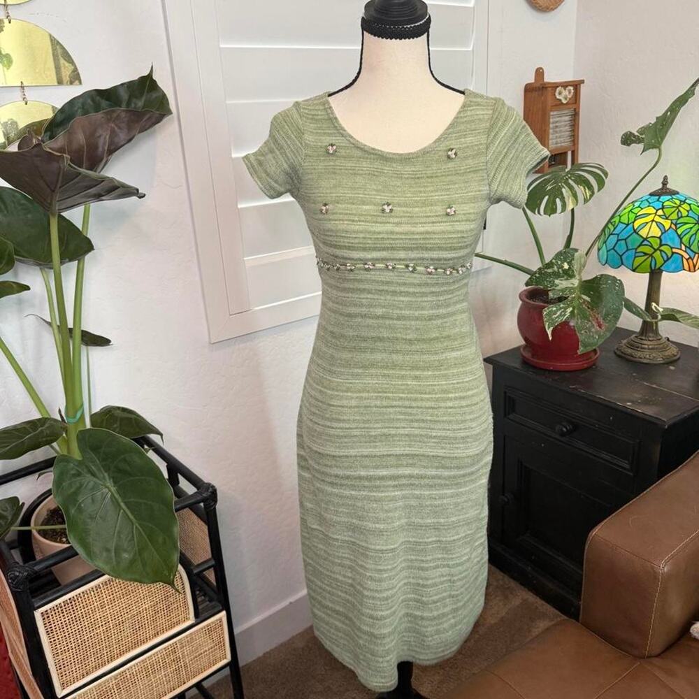 Vintage Y2K Rare Editions Sage Green Floral Embroidered Knit Midi Dress S
